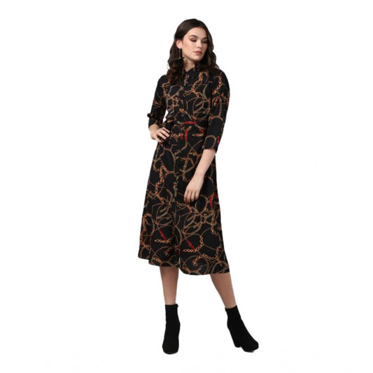 PKRKART Women's Polyester Chain Print Roll Up Sleeve Below Knee Dress (Black - Yellow)