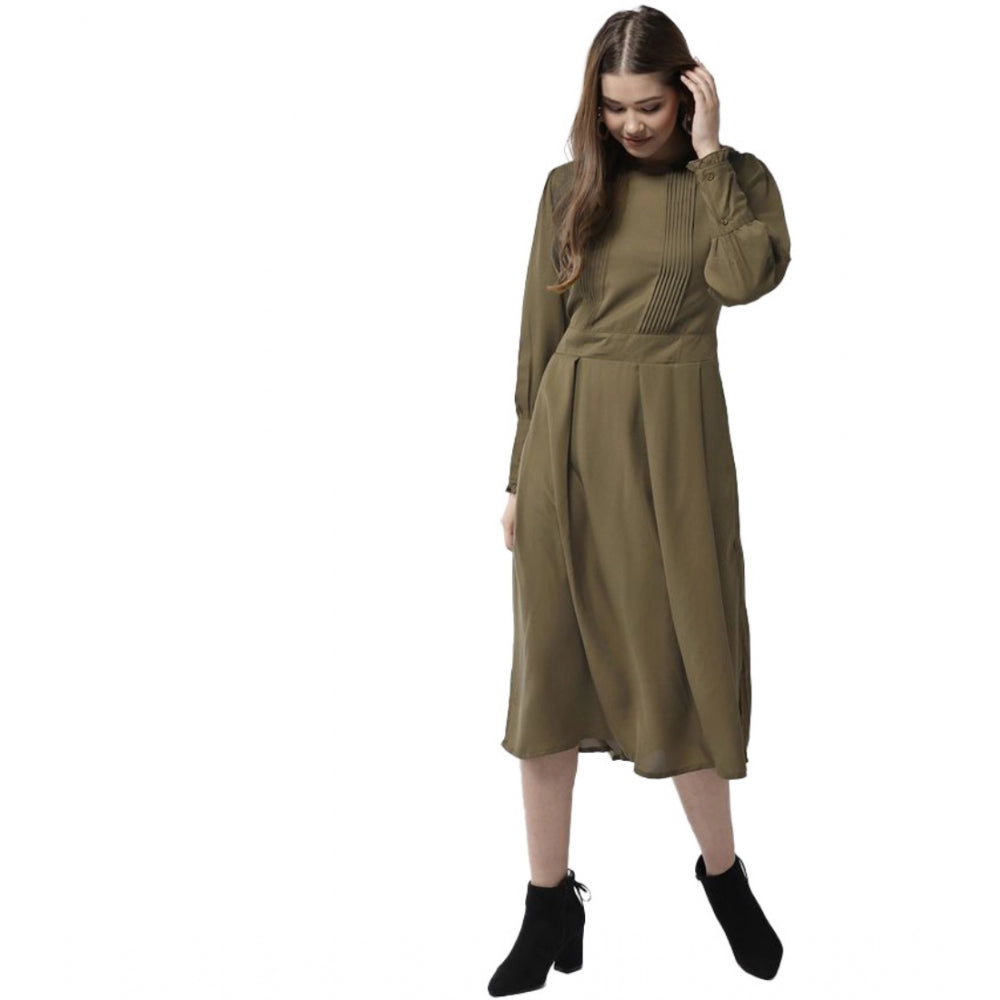 PKRKART Women's Polyester Pintuck Long Sleeves Below Knee Dress (Olive)