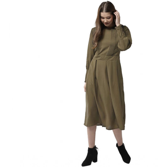 PKRKART Women's Polyester Pintuck Long Sleeves Below Knee Dress (Olive)