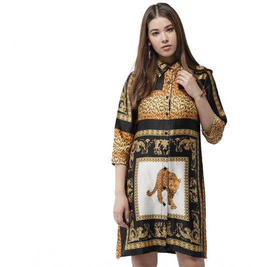 PKRKART Women's Satin Animal Print 3-4th Sleeves Above Knee Dress (White - Orange)