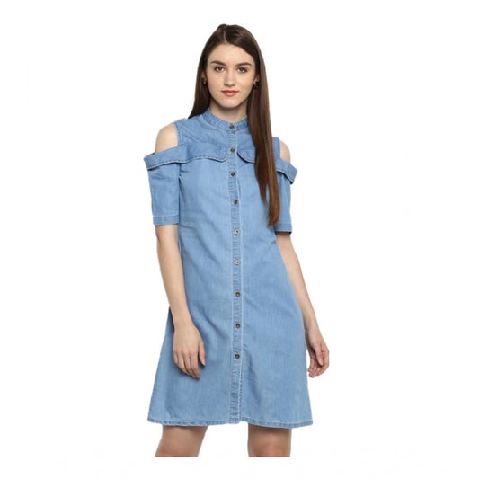 PKRKART Women's Denim Solid Cold Shoulder Above Knee Dress (Blue)
