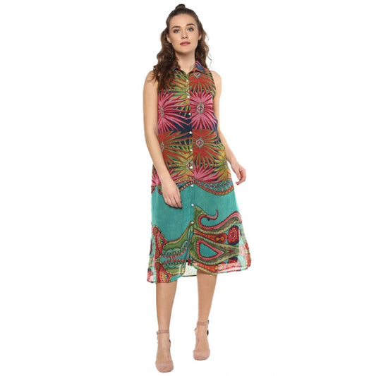 PKRKART Women's Polyester Floral Sleeveless Below Knee Dress (Multicolor)