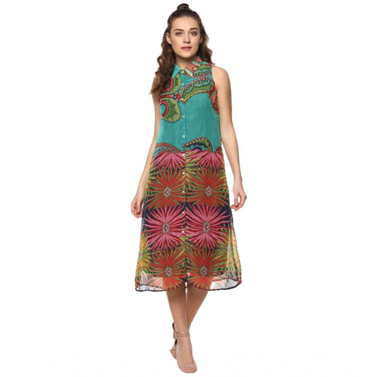 PKRKART Women's Polyester Floral Sleeveless Below Knee Dress (Multicolor)
