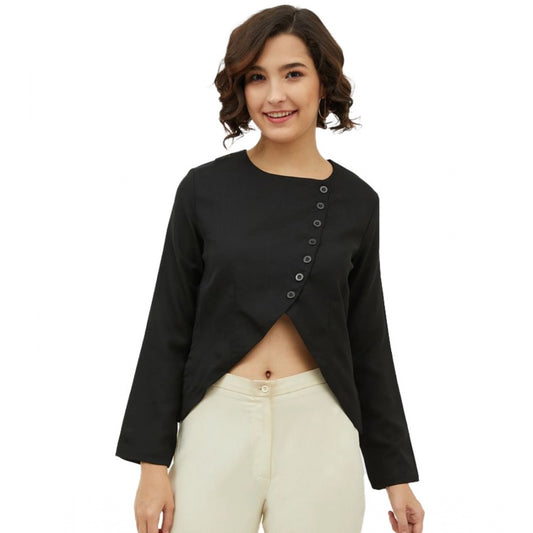 PKRKART Women's Polyester Asymmetrical Long Sleeves Top (Black)