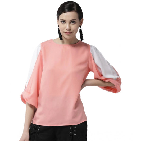 PKRKART Women's Polyester Colour Block Slit Sleeve Top (Pink)