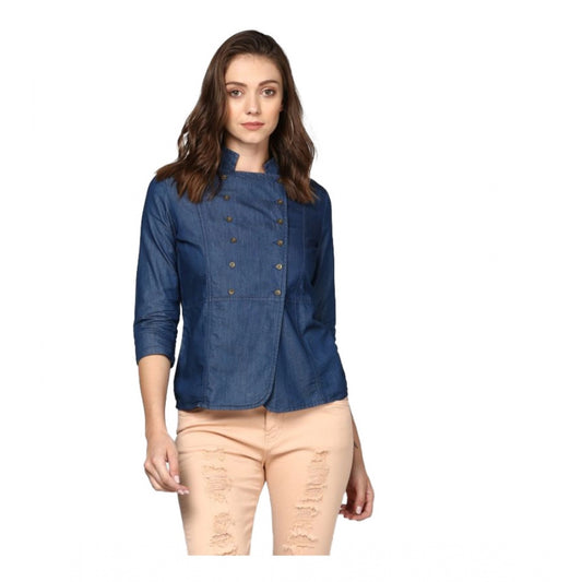 PKRKART Women's Denim Solid 3-4th Sleeves Top (Blue)
