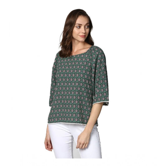 PKRKART Women's Polyester Printed 3-4th Sleeves Top (Green)