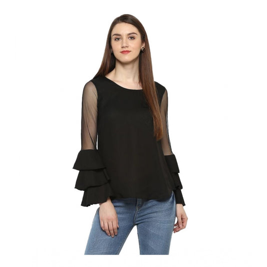 PKRKART Women's Polyester Solid Tier Sleeve Top (Black)