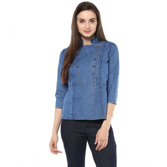 PKRKART Women's Denim Solid 3-4th Sleeves Regular Top (Blue)