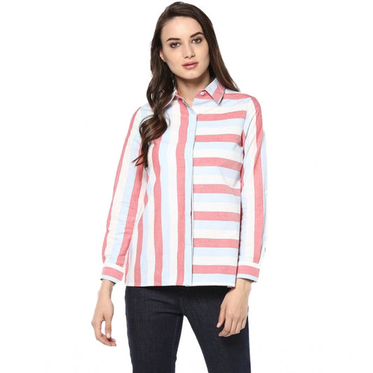PKRKART Women's Cotton Striped Roll Up Sleeve Regular Top (Red)