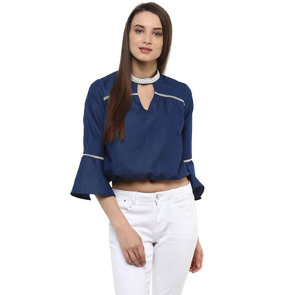 PKRKART Women's Polyester Solid Bell Sleeve Regular Top (Blue)