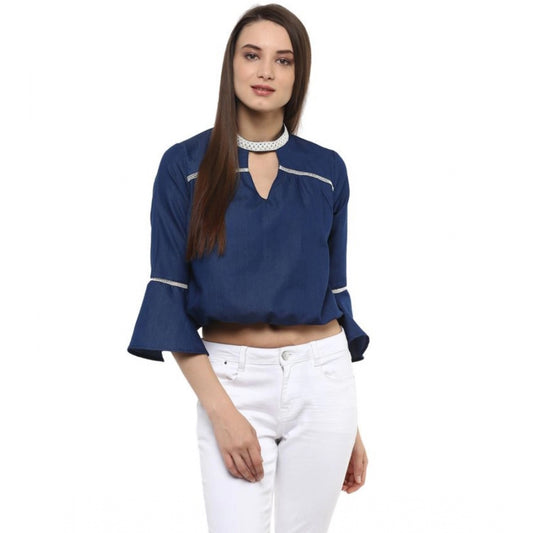 PKRKART Women's Polyester Solid Bell Sleeve Regular Top (Blue)