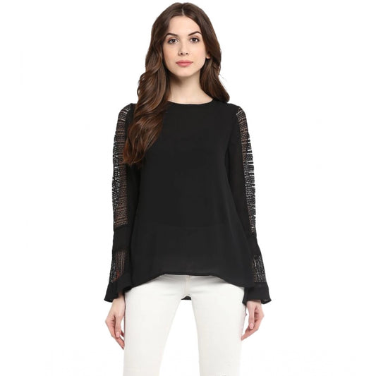PKRKART Women's Polyester Georgette Self Design Bell Sleeve Regular Top (Black)
