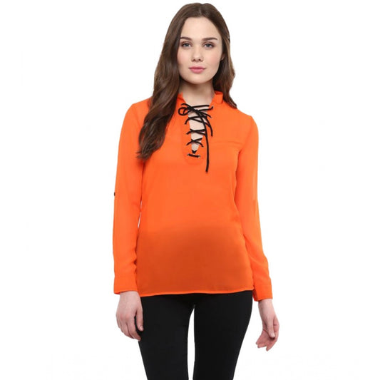 PKRKART Women's Polyester Solid Long Sleeves Regular Top (Orange)