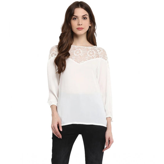 PKRKART Women's Polyester Georgette Self Design 3-4th Sleeves Regular Top (White)