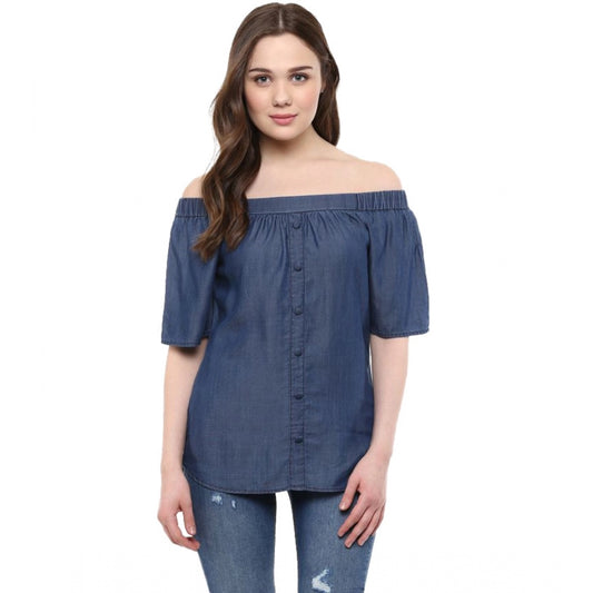 PKRKART Women's Denim Solid Short Sleeve Regular Top (Blue)