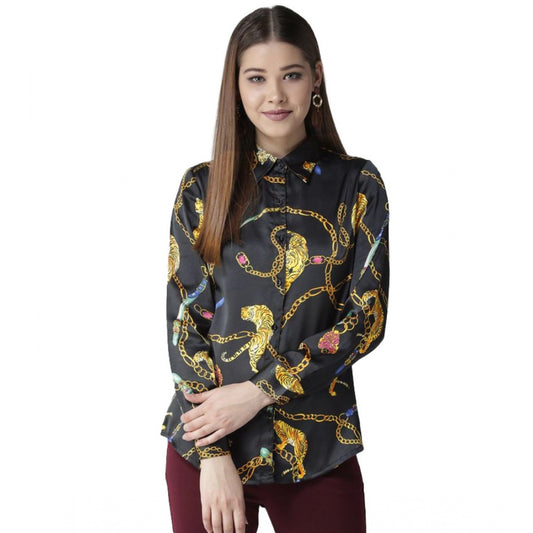 PKRKART Women's Satin Printed Long Sleeves Standard Length Shirt (Black - Gold)