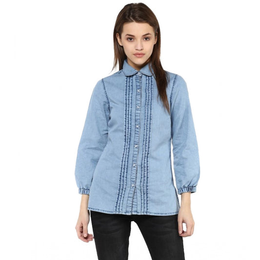 PKRKART Women's Denim Solid 3-4th Sleeves Standard Length Shirt (Blue)