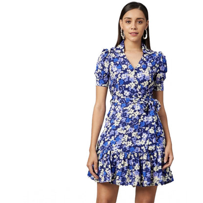 PKRKART Women's Polyester Floral Short Sleeve Above Knee Dress (Blue - Purple)