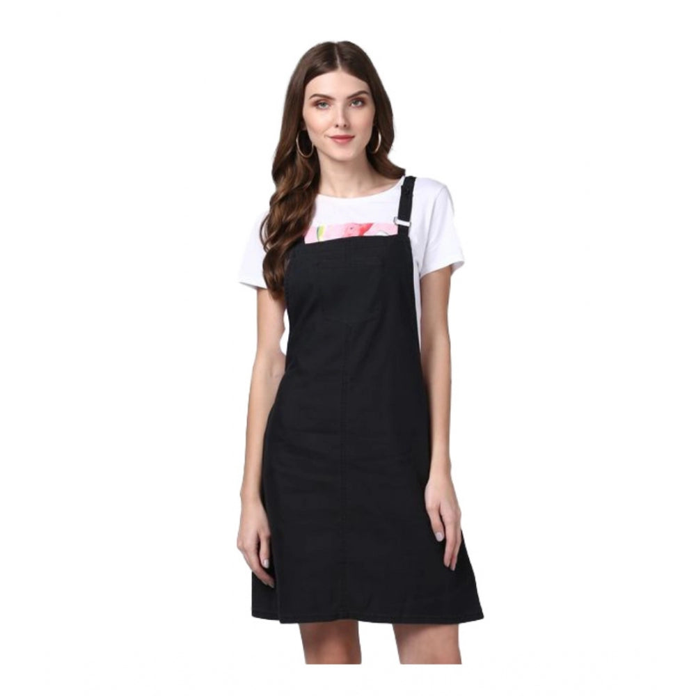 PKRKART Women's Denim Solid Shoulder Straps Above Knee Dungaree (Black)