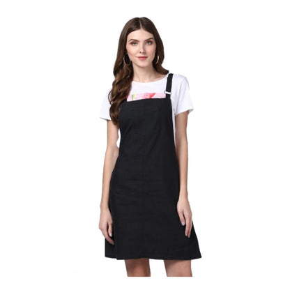 PKRKART Women's Denim Solid Shoulder Straps Above Knee Dungaree (Black)