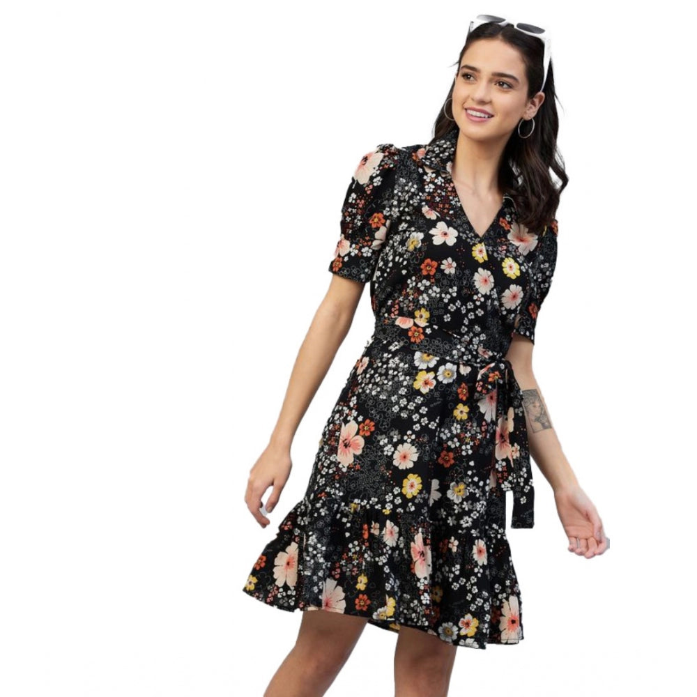 PKRKART Women's Polyester Floral Short Sleeve Above Knee Dress (Black)