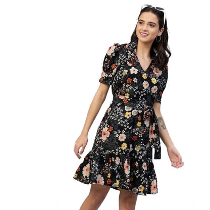 PKRKART Women's Polyester Floral Short Sleeve Above Knee Dress (Black)