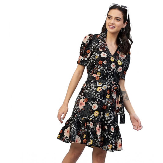 PKRKART Women's Polyester Floral Short Sleeve Above Knee Dress (Black)