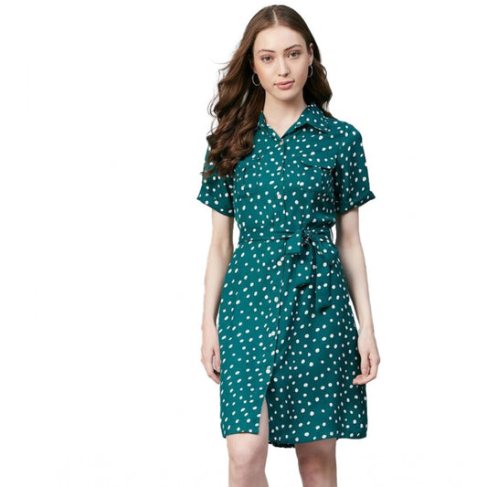 PKRKART Women's Polyester Polka Short Sleeve Above Knee Dress (Blue - White)
