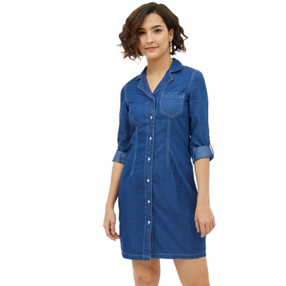 PKRKART Women's Denim Solid Long Sleeves Above Knee Dress (Blue)