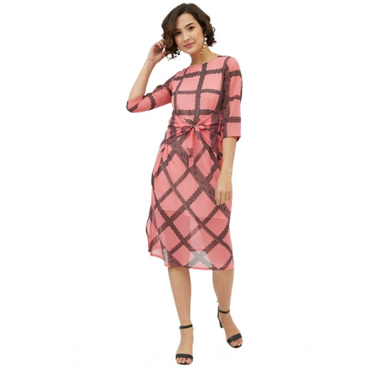 PKRKART Women's Polyester Checkered 3-4th Sleeves Below Knee Dress (Pink)