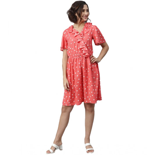 PKRKART Women's Polyester Polka Flutter Above Knee Dress (Coral)