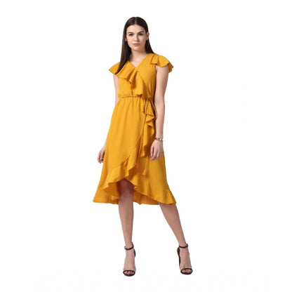 PKRKART Women's Polyester Ruffled Cap Sleeve Knee-Length Dress (Yellow)
