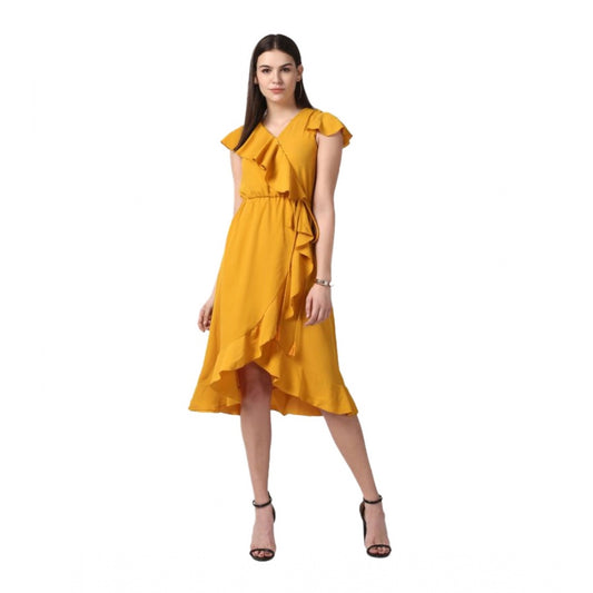 PKRKART Women's Polyester Ruffled Cap Sleeve Knee-Length Dress (Yellow)