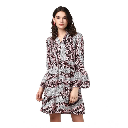 PKRKART Women's Polyester Animal Print Bell Sleeve Above Knee Dress (Pink - Black)
