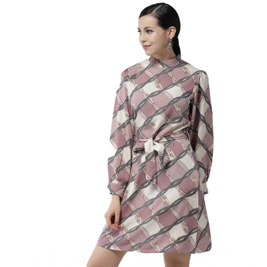 PKRKART Women's Polyester Checkered Long Sleeves Above Knee Dress (Off White - Lavender)
