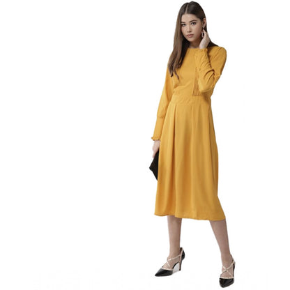 PKRKART Women's Polyester Pintuck Long Sleeves Below Knee Dress (Yellow)