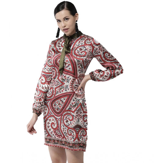 PKRKART Women's Polyester Printed Long Sleeves Above Knee Dress (Red)