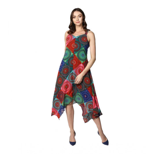PKRKART Women's Polyester Asymmetrical Shoulder Straps Knee-Length Dress (Multicolor)