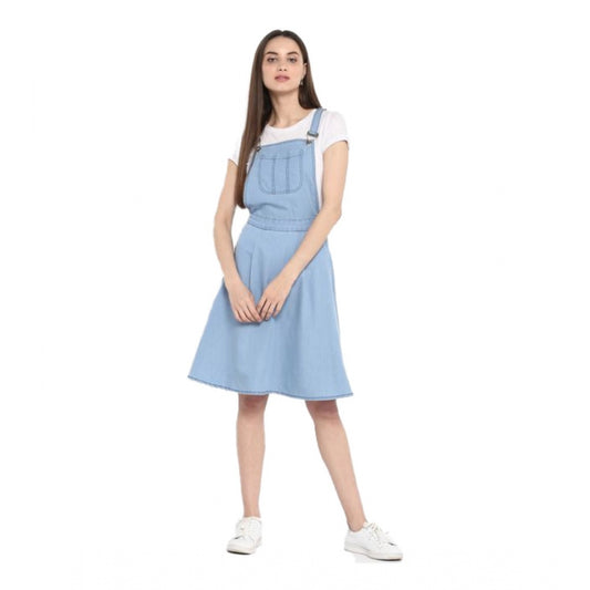 PKRKART Women's Denim Solid Sleeveless Above Knee Dress (Blue)