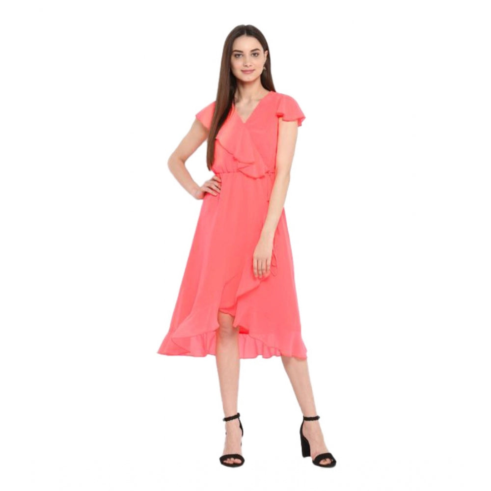 PKRKART Women's Polyester Ruffled Cap Sleeve Below Knee Dress (Coral Pink)