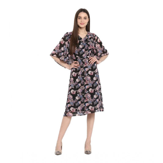 PKRKART Women's Polyester Floral Short Sleeve Knee-Length Dress (Black - Multicolor)