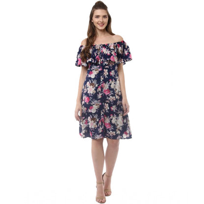 PKRKART Women's Polyester Crepe Floral Half Sleeve Above Knee Dress (Navy Blue)