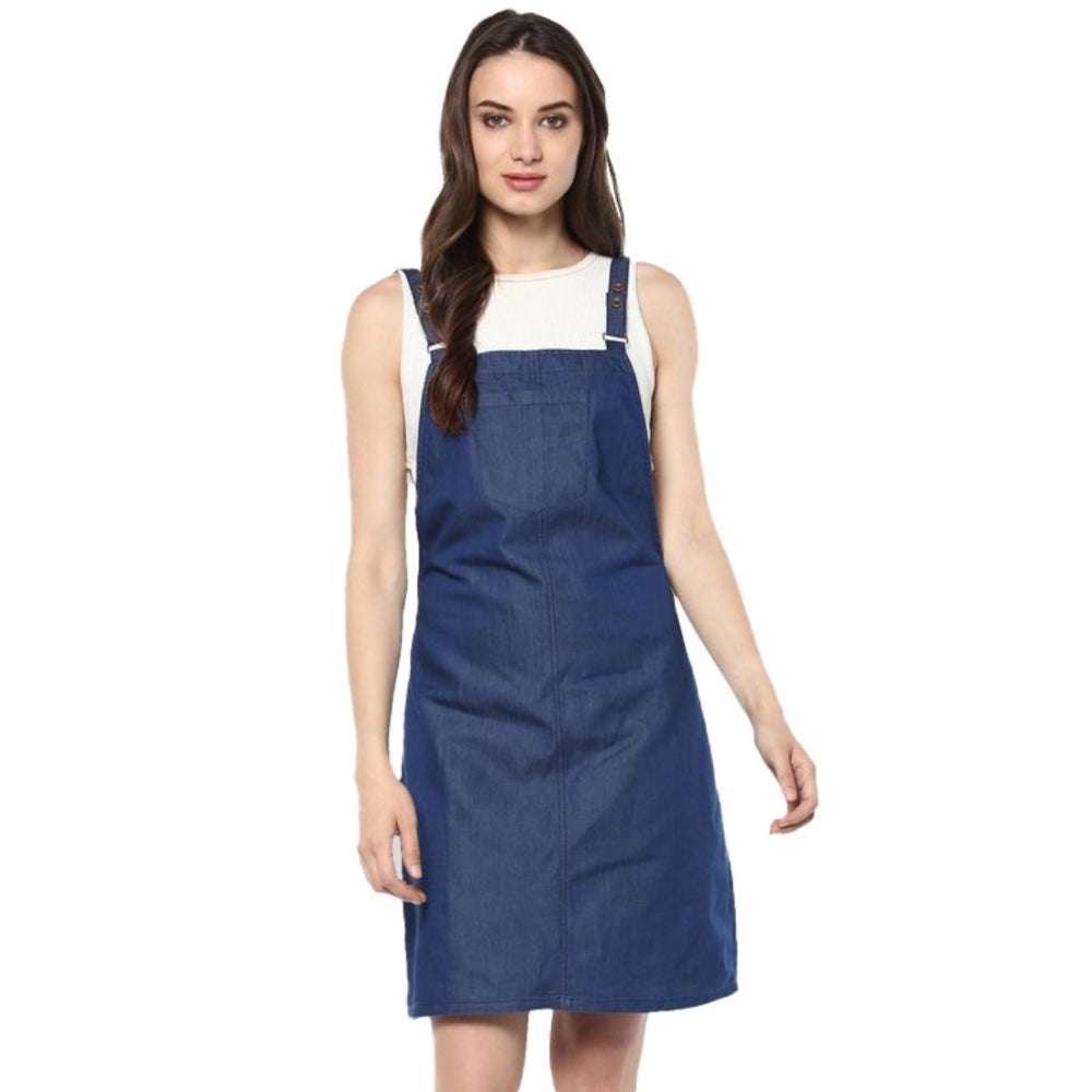 PKRKART Women's Denim Solid Shoulder Straps Above Knee Dress (Blue)