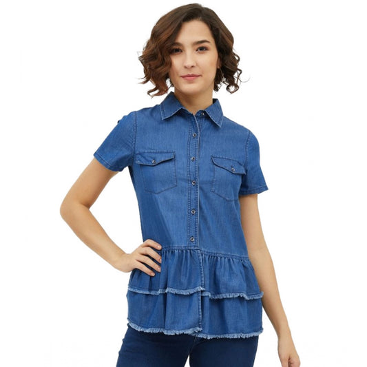 PKRKART Women's Denim Peplum Short Sleeve Top (Blue)