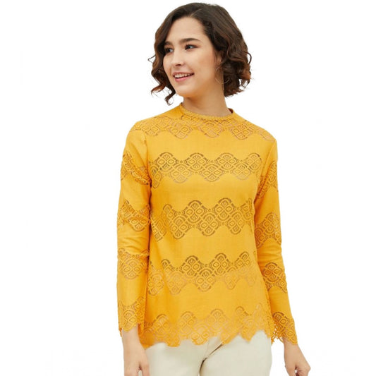 PKRKART Women's Cotton Lace Inserts Long Sleeves Top (Yellow)