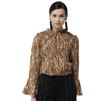 PKRKART Women's Polyester Printed Bell Sleeve Top (Orange - Black)