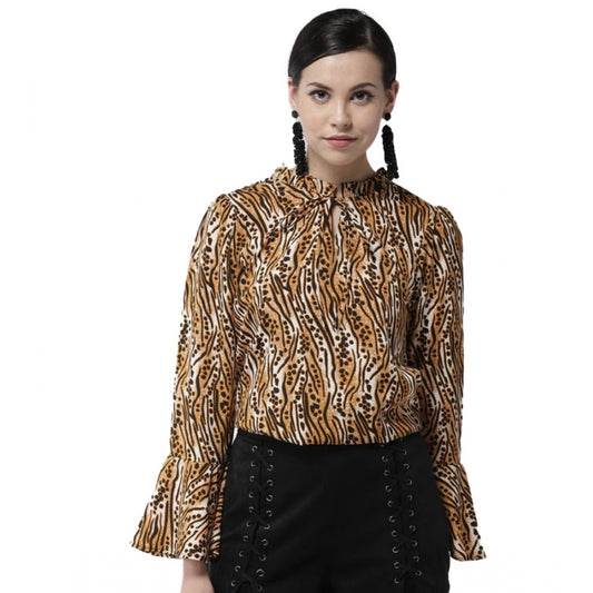 PKRKART Women's Polyester Printed Bell Sleeve Top (Orange - Black)