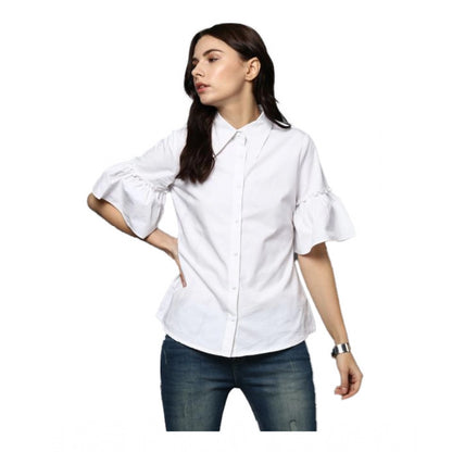 PKRKART Women's Cotton Solid Bell Sleeve Top (White)