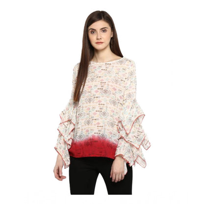 PKRKART Women's Rayon Crepe Printed Ruffle Sleeve Top (Off White - Red)